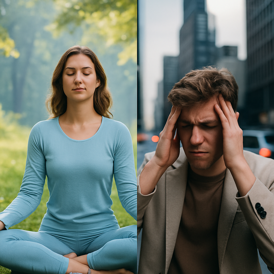 Differentiating between mental health and mental illness with serene meditation and stressed individual images