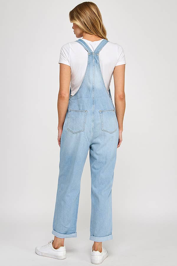 Light Wash Denim Overalls with Front Pocket & Cuff Detail
