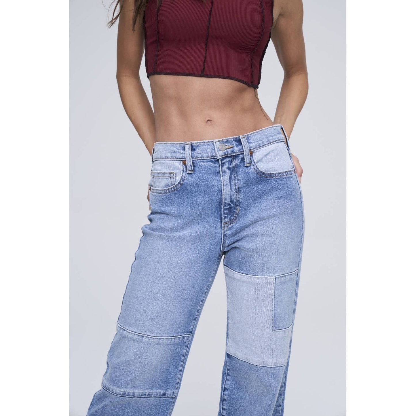 High Rise Color Block Straight Jeans