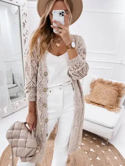 Khaki Hollow-out Openwork Knit Cardigan Sweater coat - 7 Semicolon Couture