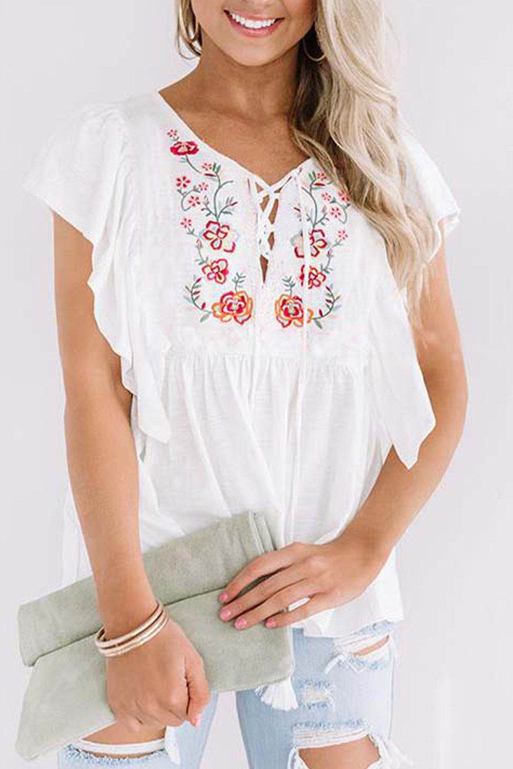 White Floral Embroidered Ruffled Lace-up V Neck Top - 7 Semicolon Couture