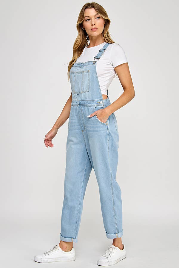 Light Wash Denim Overalls with Front Pocket & Cuff Detail