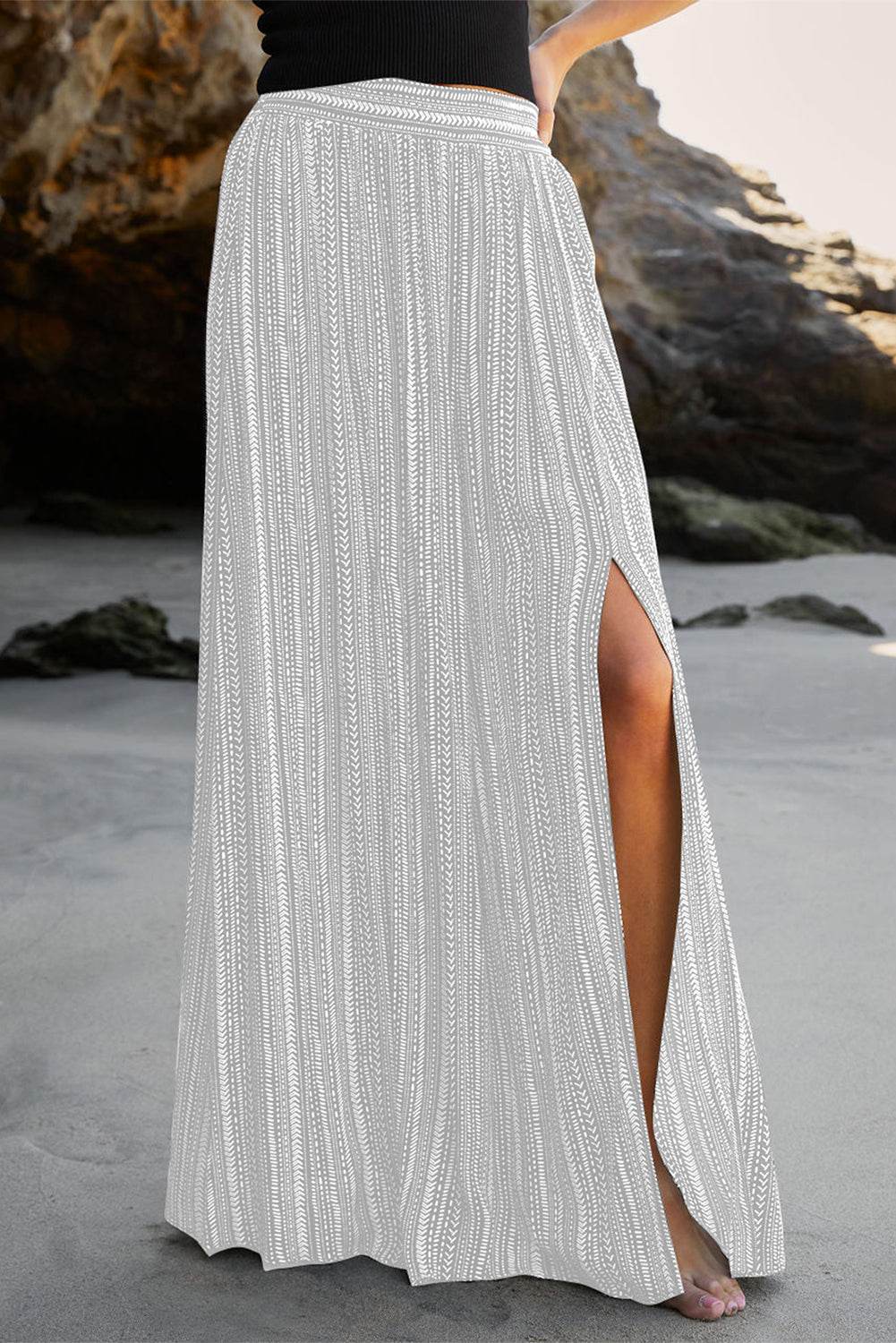 Striped Printed Slit Wide Leg High Waist Pants - 7 Semicolon Couture