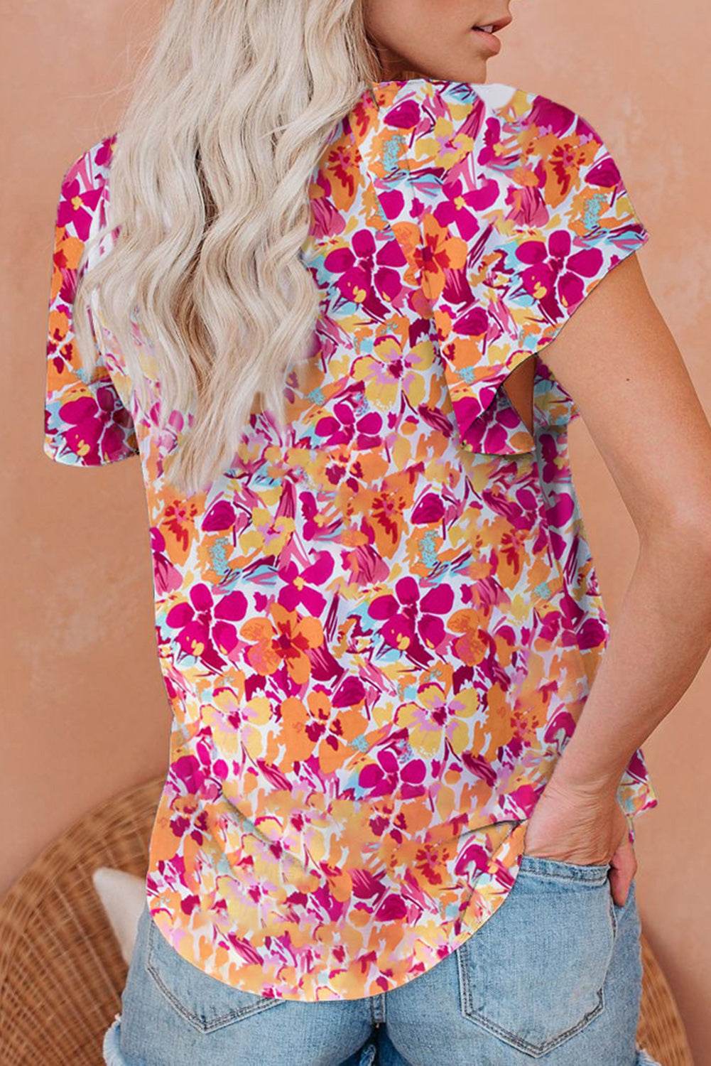 Fiery Red Flutter Sleeves Floral Print Top - 7 Semicolon Couture