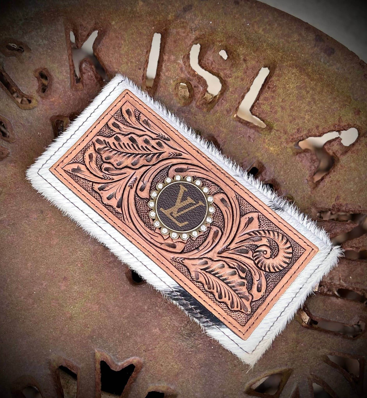 Upcycled Louis Vuitton Tooled Leather Cowhide Wallet - 7 Semicolon Couture
