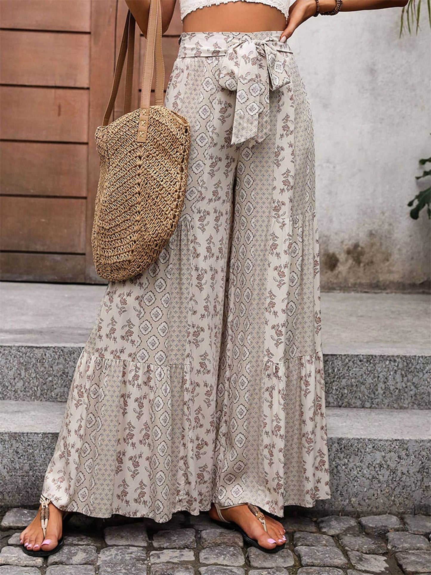 High Waisted Lace Up Wide Leg Pants - 7 Semicolon Couture