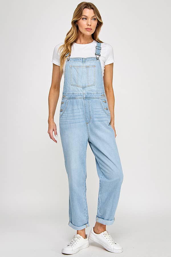 Light Wash Denim Overalls with Front Pocket & Cuff Detail