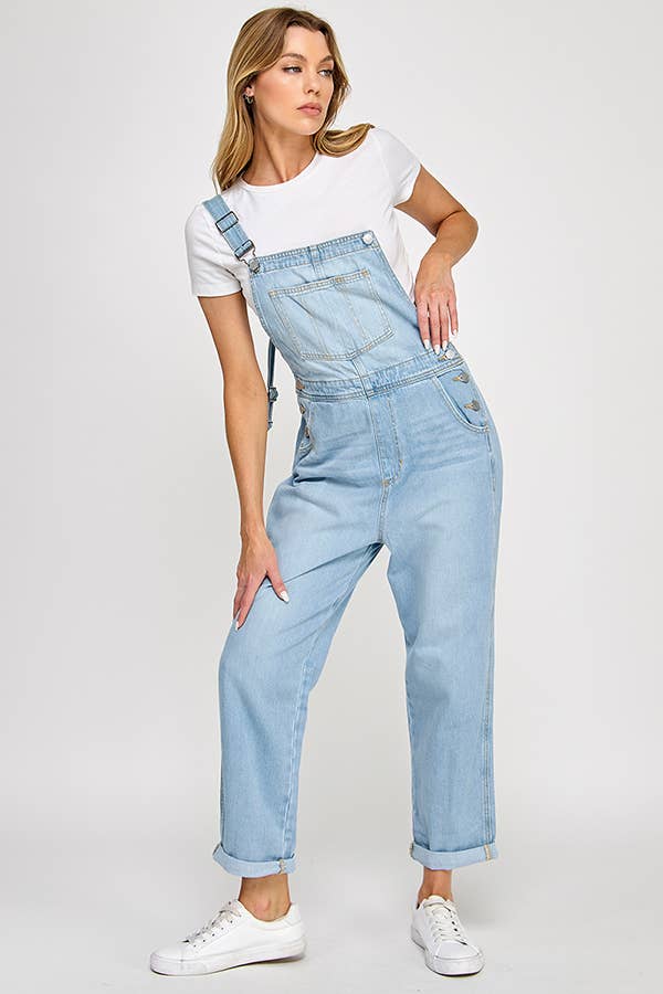 Light Wash Denim Overalls with Front Pocket & Cuff Detail