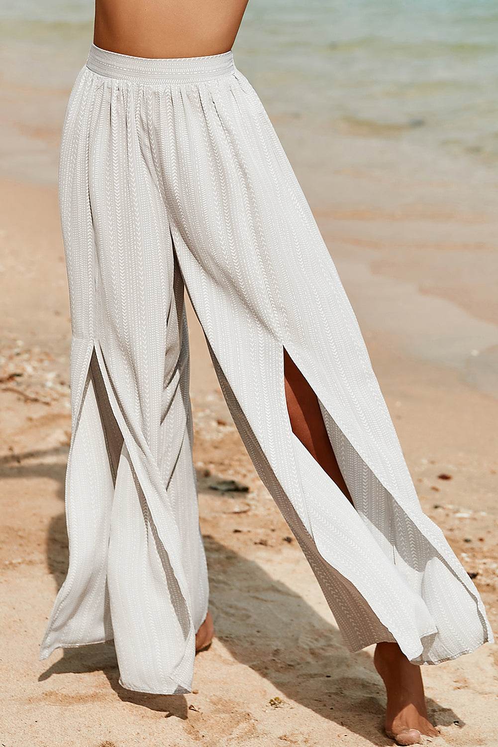 Striped Printed Slit Wide Leg High Waist Pants - 7 Semicolon Couture