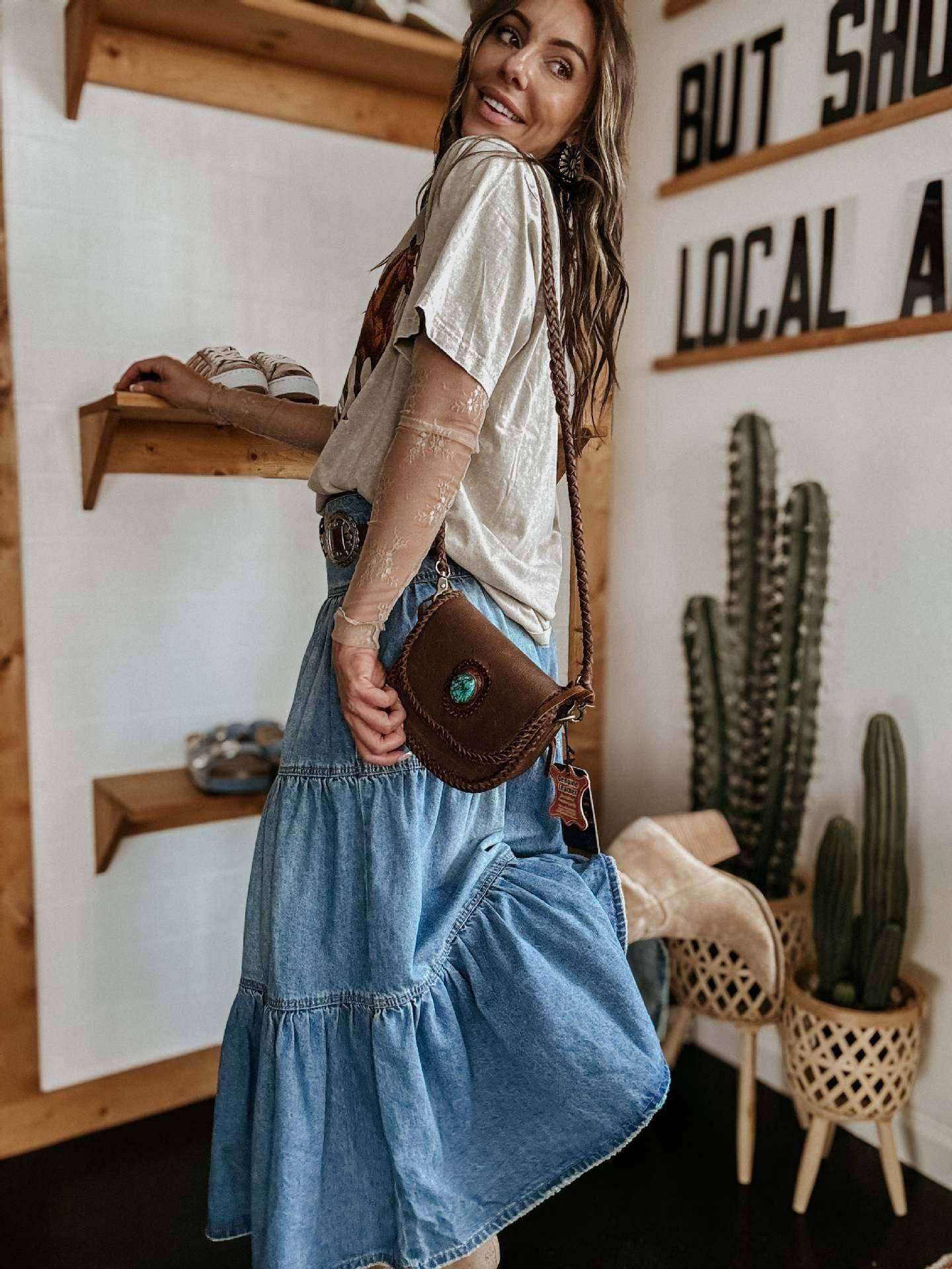 Bohemian Tiered Denim Skirt A-Line