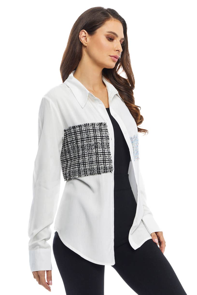 BUTTON DOWN BLOUSE WITH PATCHES-Adore