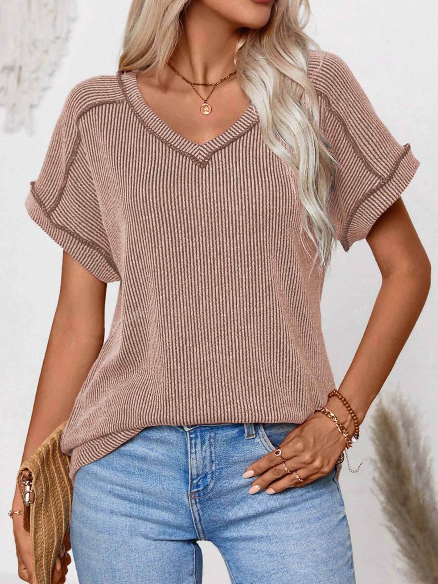 Short Sleeved V-neck Top - 7 Semicolon Couture