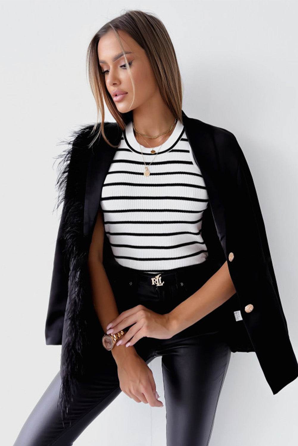 Black and White Striped Print Ribbed Sleeveless Top