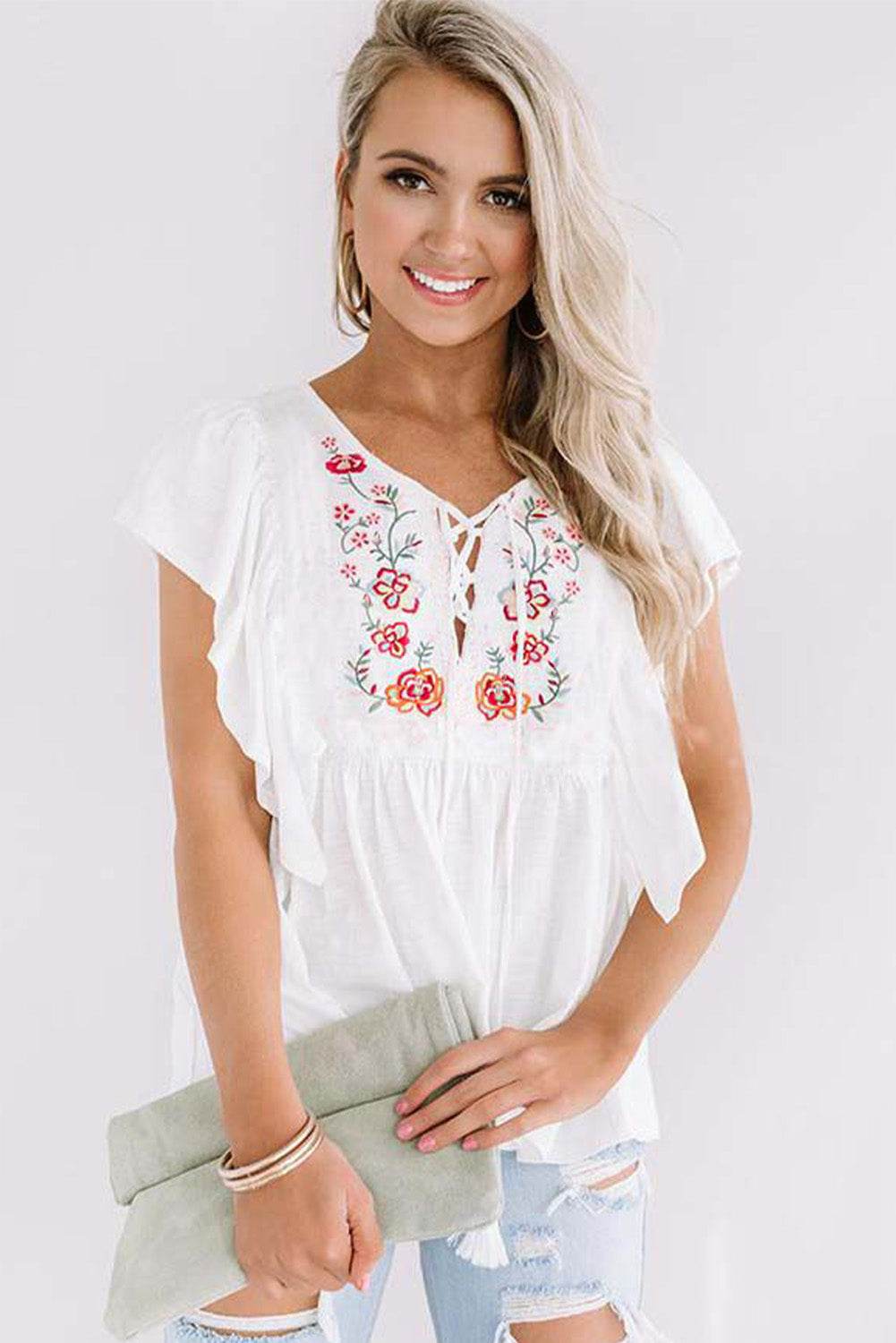 White Floral Embroidered Ruffled Lace-up V Neck Top - 7 Semicolon Couture
