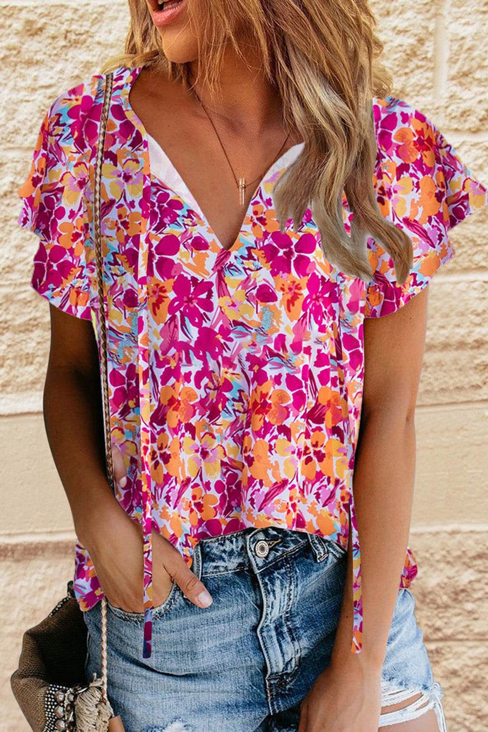 Fiery Red Flutter Sleeves Floral Print Top - 7 Semicolon Couture