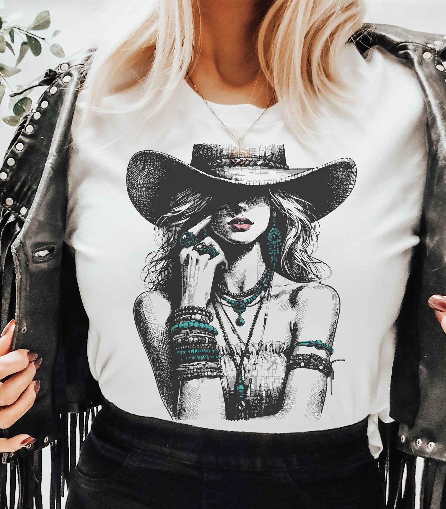 Turquoise Cowgirl-Graphic Tee- White w/Rhinestones