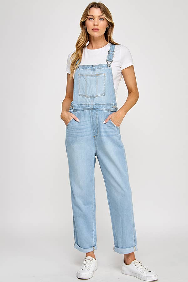 Light Wash Denim Overalls with Front Pocket & Cuff Detail