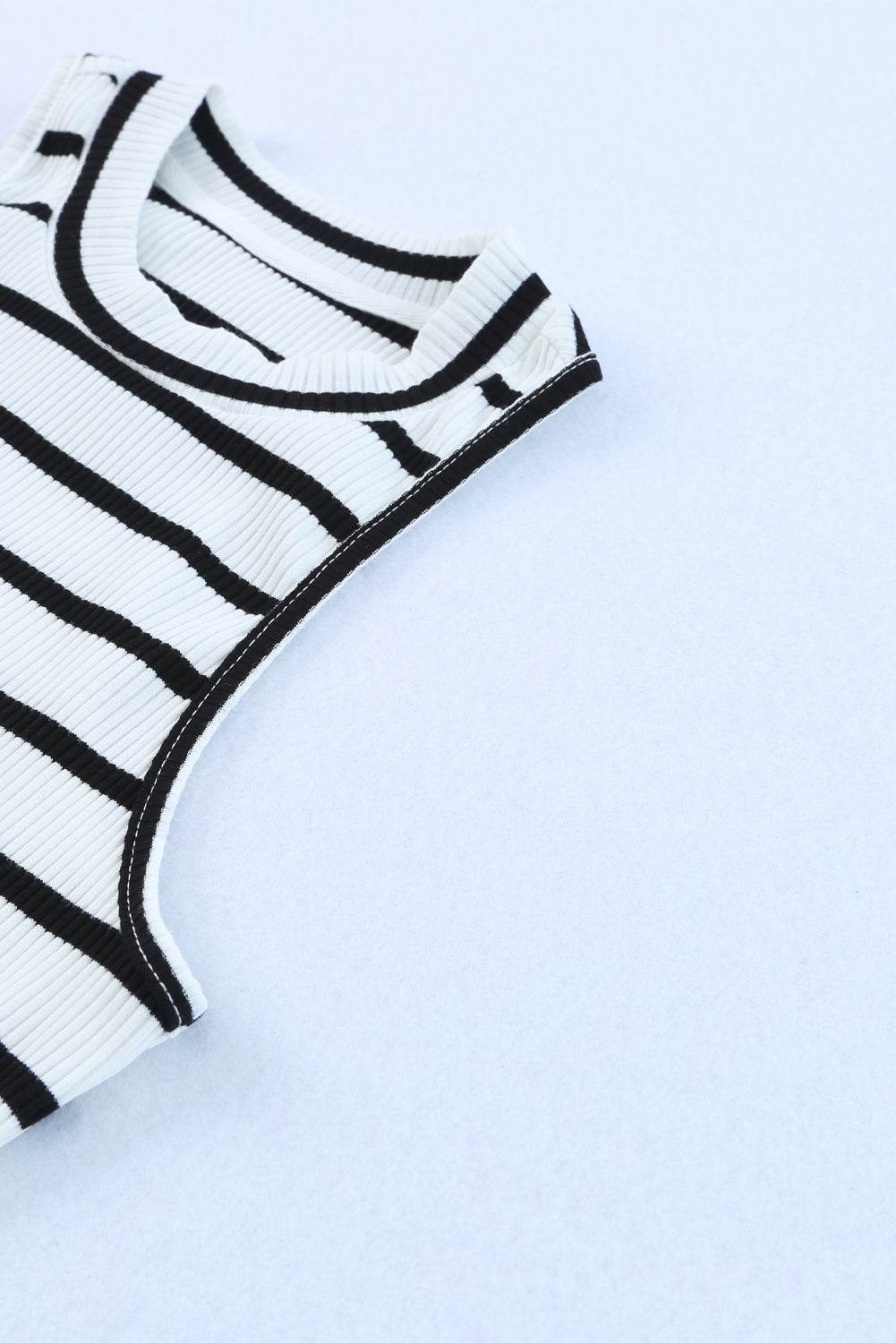 Black and White Striped Print Ribbed Sleeveless Top