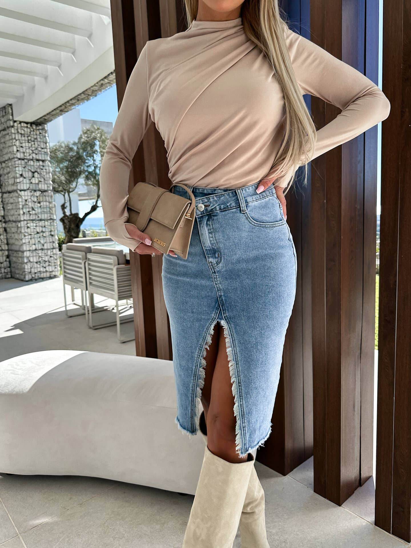 Solid Color Denim Split Skirt