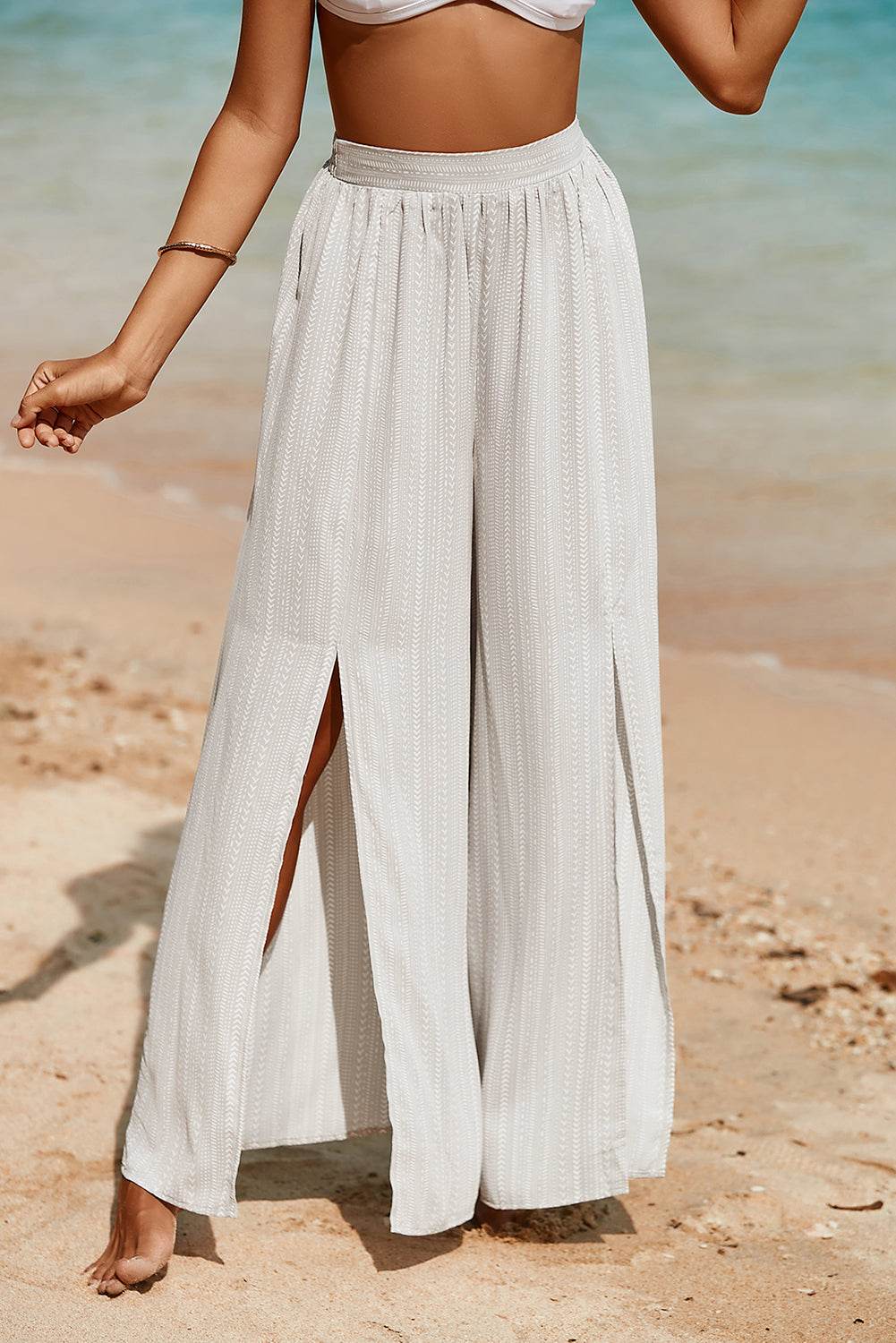 Striped Printed Slit Wide Leg High Waist Pants - 7 Semicolon Couture