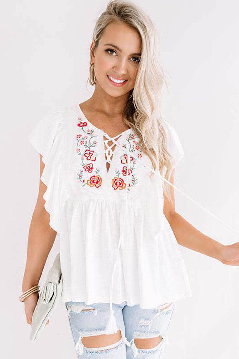 White Floral Embroidered Ruffled Lace-up V Neck Top - 7 Semicolon Couture