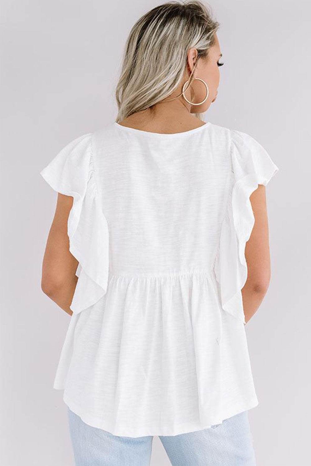 White Floral Embroidered Ruffled Lace-up V Neck Top - 7 Semicolon Couture