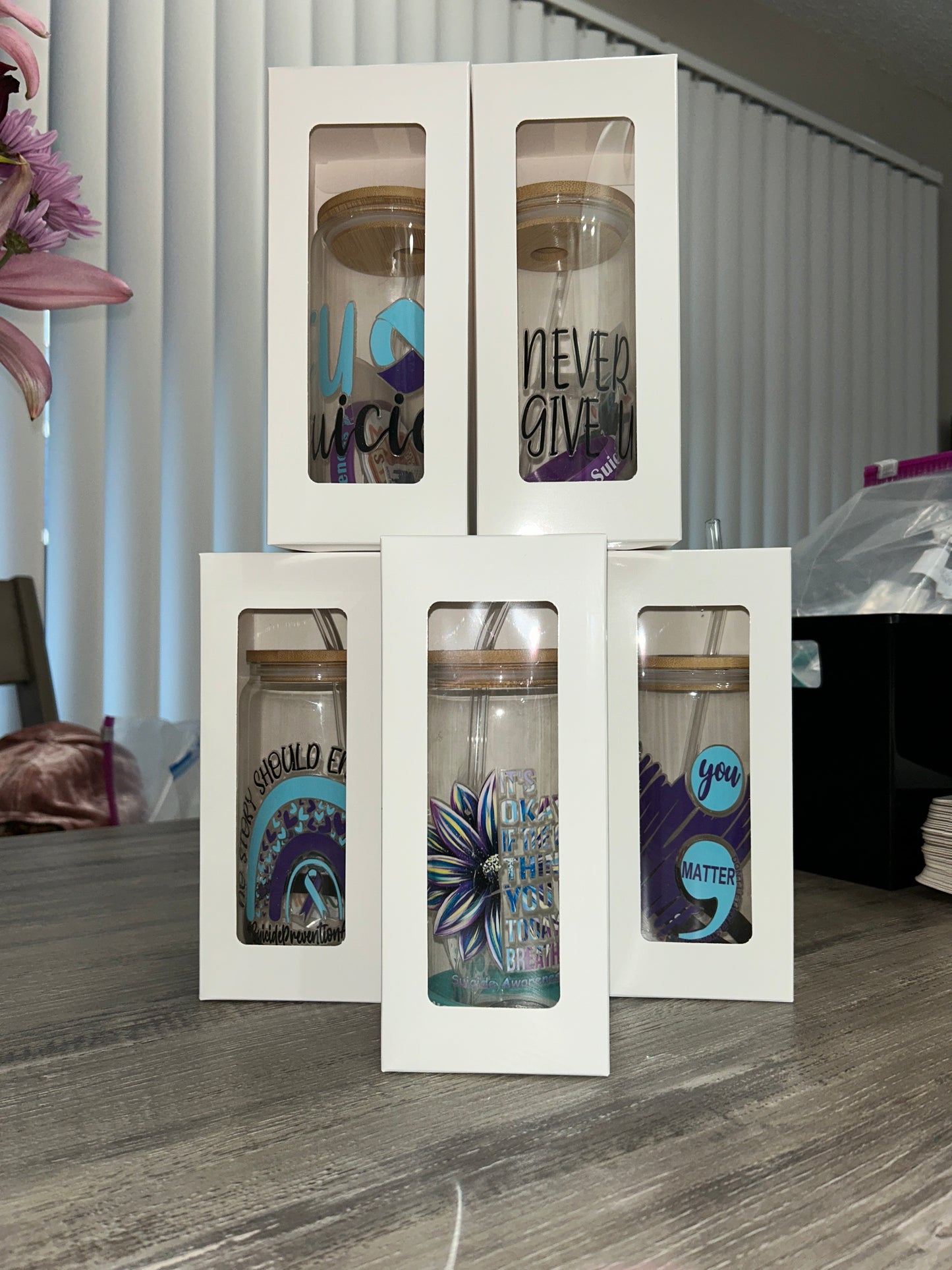 16 oz. Glass Tumbler w/bamboo lid and straw- Mental Health Awareness