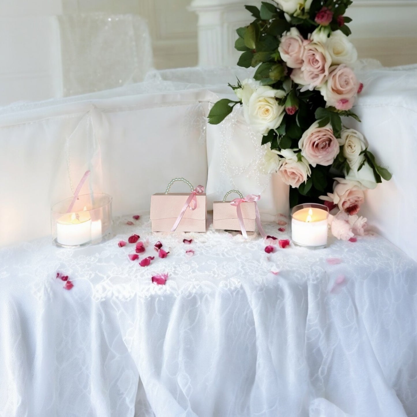 Pink Kraft Paper Gift Box with Pearl Handle & Ribbon