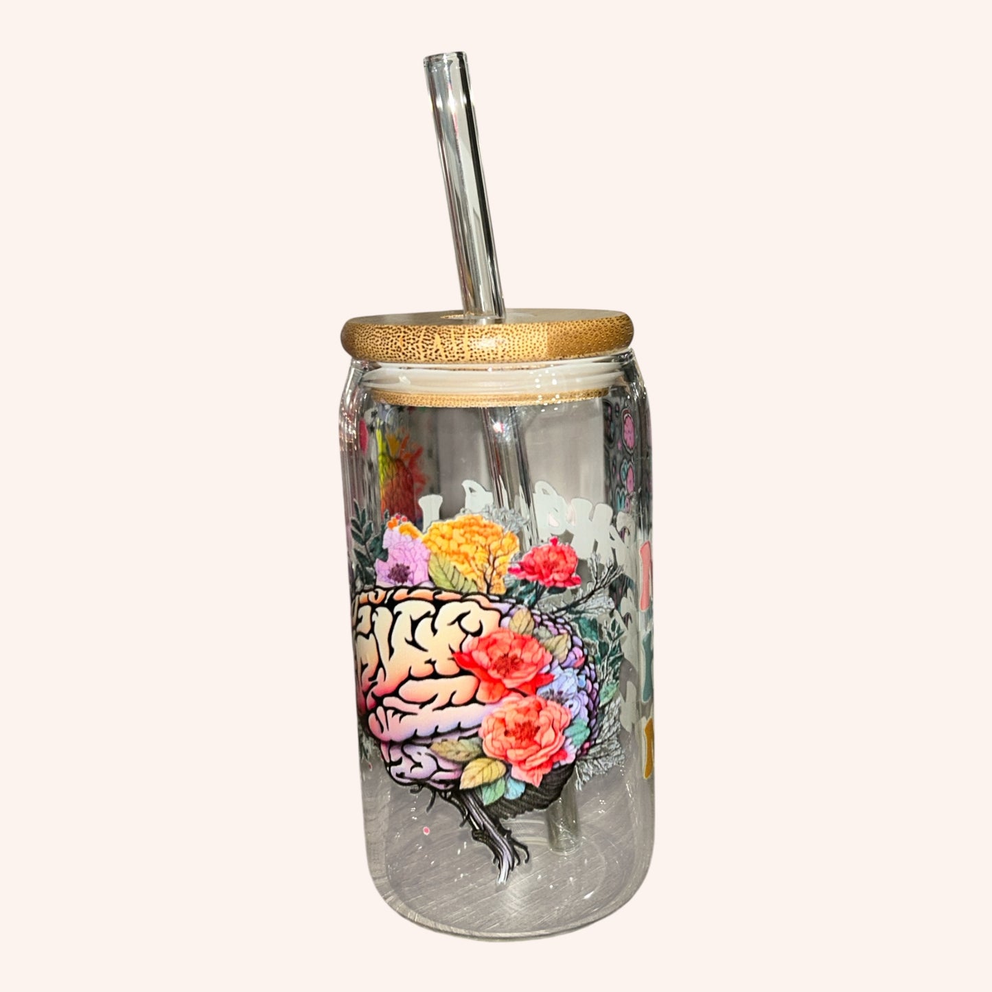 16 oz. Glass Tumbler w/bamboo lid and straw- Mental Health Awareness