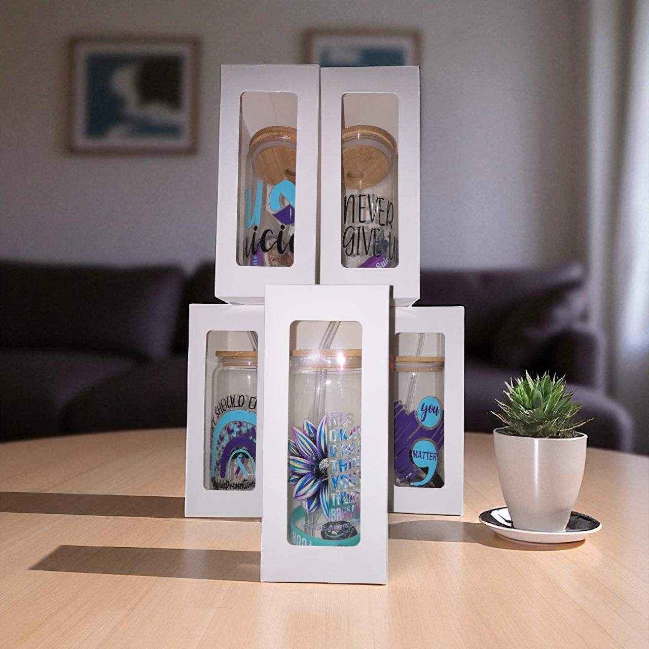 16 oz. Glass Tumbler w/bamboo lid and straw- Mental Health Awareness