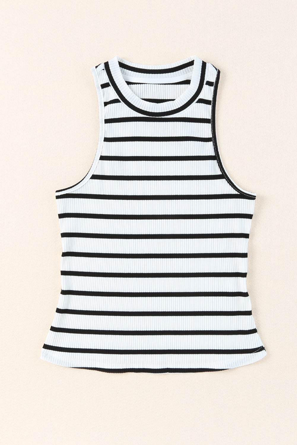 Black and White Striped Print Ribbed Sleeveless Top