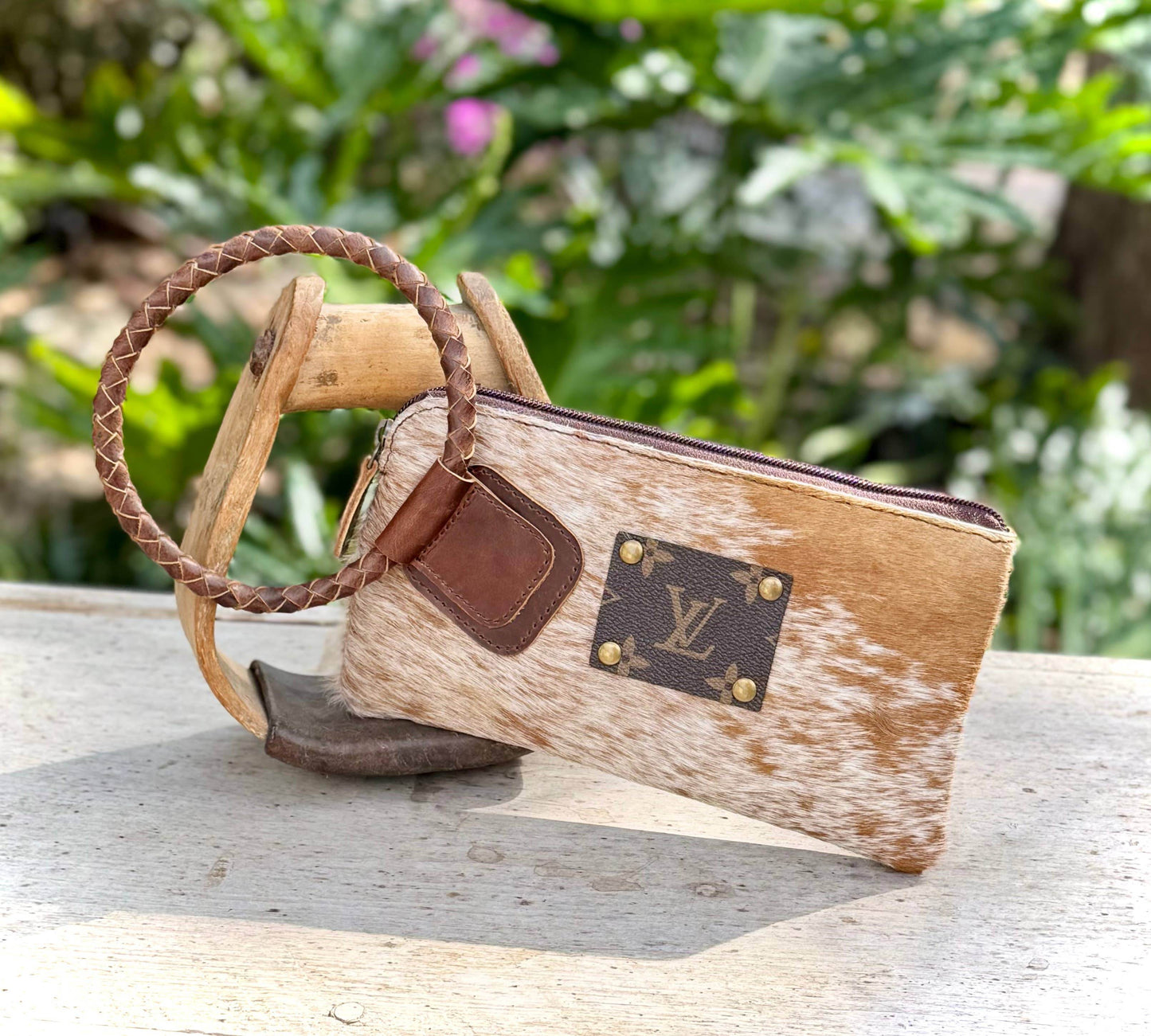 Upcycled LV Cowhide Leather Wristlet Bag Pouch Wallet - 7 Semicolon Couture
