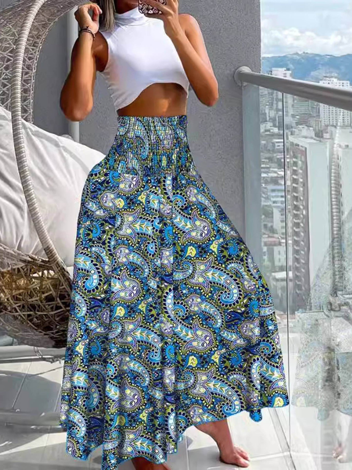Printed Waist Cinched Casual Pants With Wide Pants - 7 Semicolon Couture