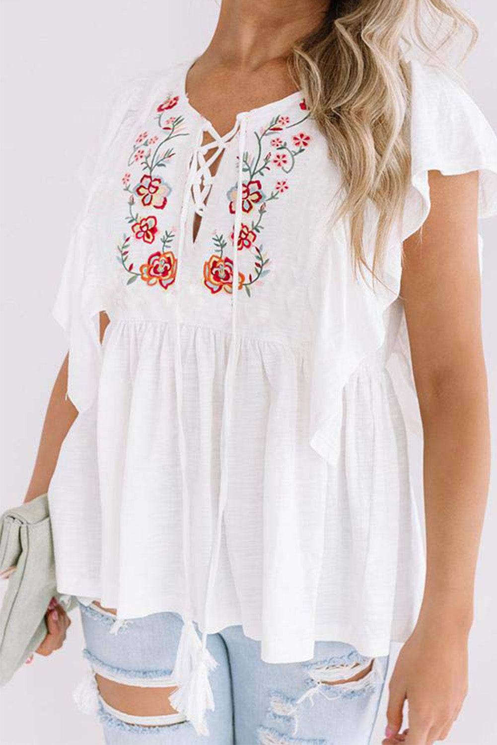 White Floral Embroidered Ruffled Lace-up V Neck Top - 7 Semicolon Couture