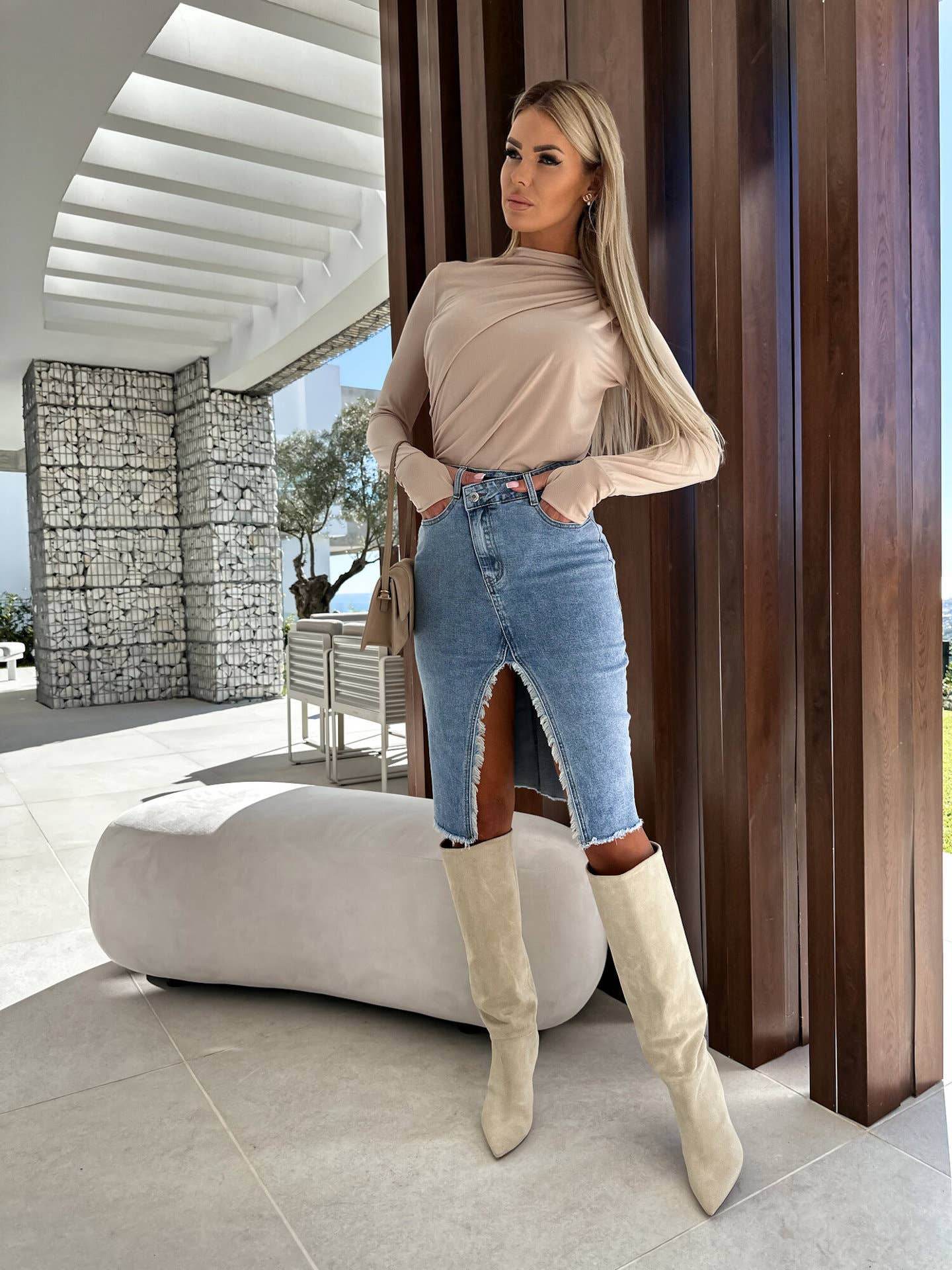 Solid Color Denim Split Skirt