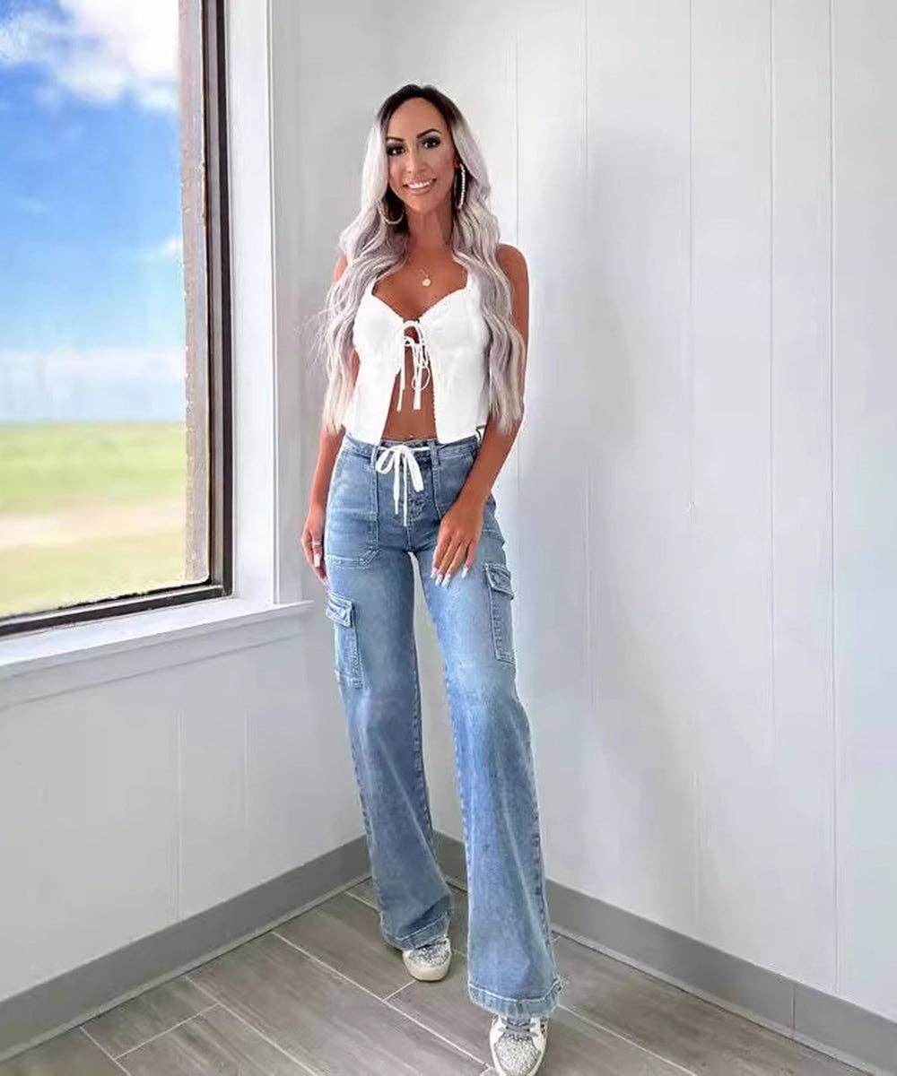 Lace-Up Multi-Pocket Straight-Leg Denim Jeans - 7 Semicolon Couture