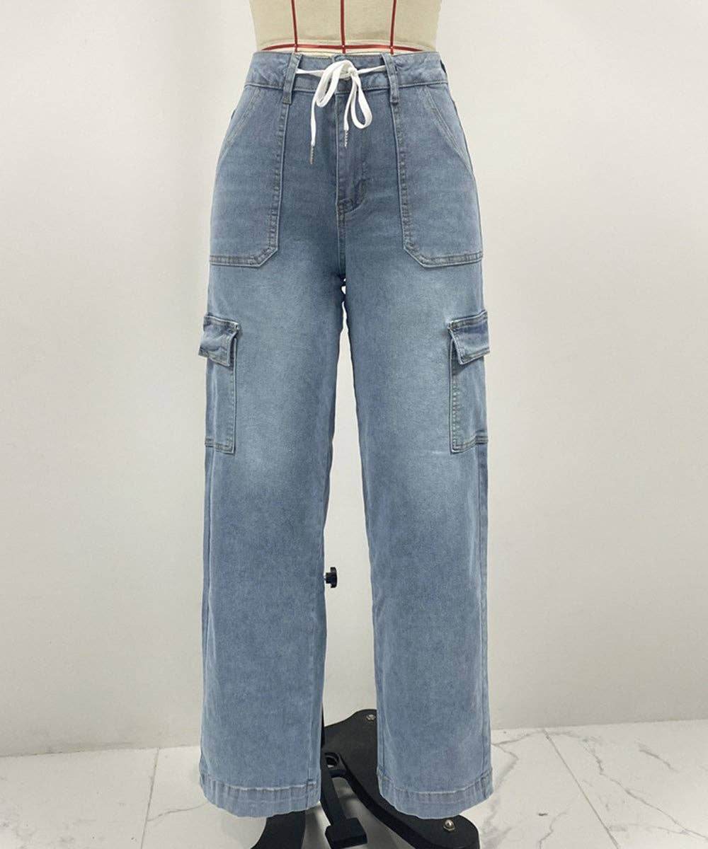 Lace-Up Multi-Pocket Straight-Leg Denim Jeans - 7 Semicolon Couture