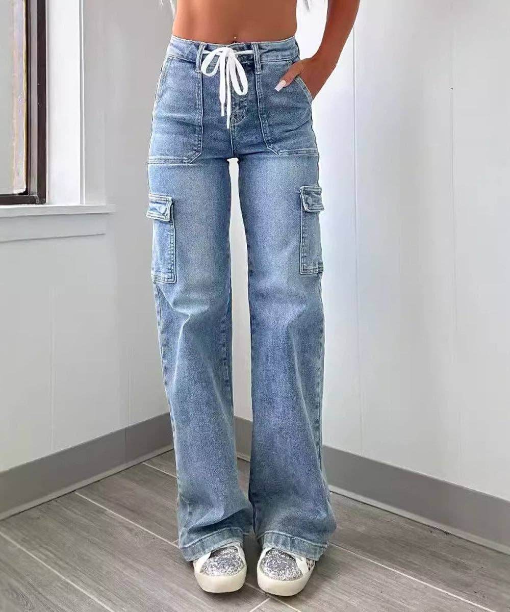 Lace-Up Multi-Pocket Straight-Leg Denim Jeans - 7 Semicolon Couture