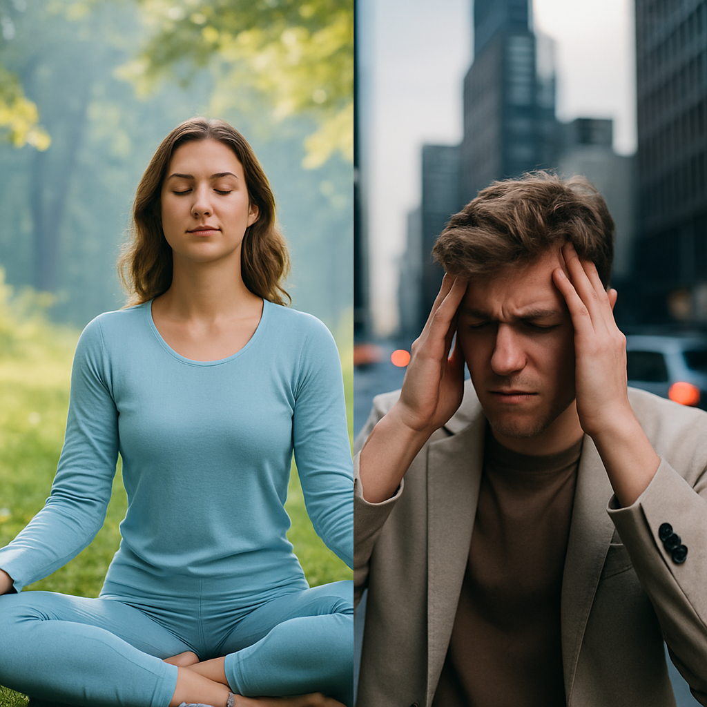 Differentiating between mental health and mental illness with serene meditation and stressed individual images