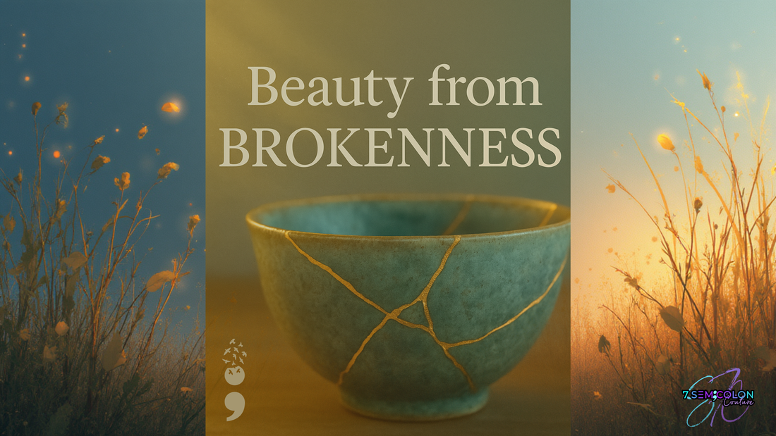 A turquoise kintsugi-style bowl with golden cracks glowing in warm sunlight, symbolizing healing, resilience, and the beauty found in imperfection.