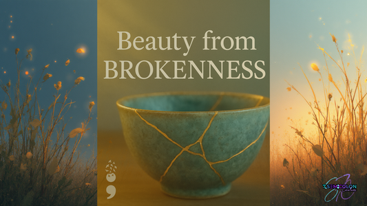 A turquoise kintsugi-style bowl with golden cracks glowing in warm sunlight, symbolizing healing, resilience, and the beauty found in imperfection.