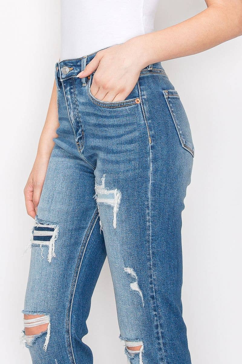 MESH TUMMY CONTROL HIGH RISE STRAIGHT W/ SINGLE CUFF JEANS