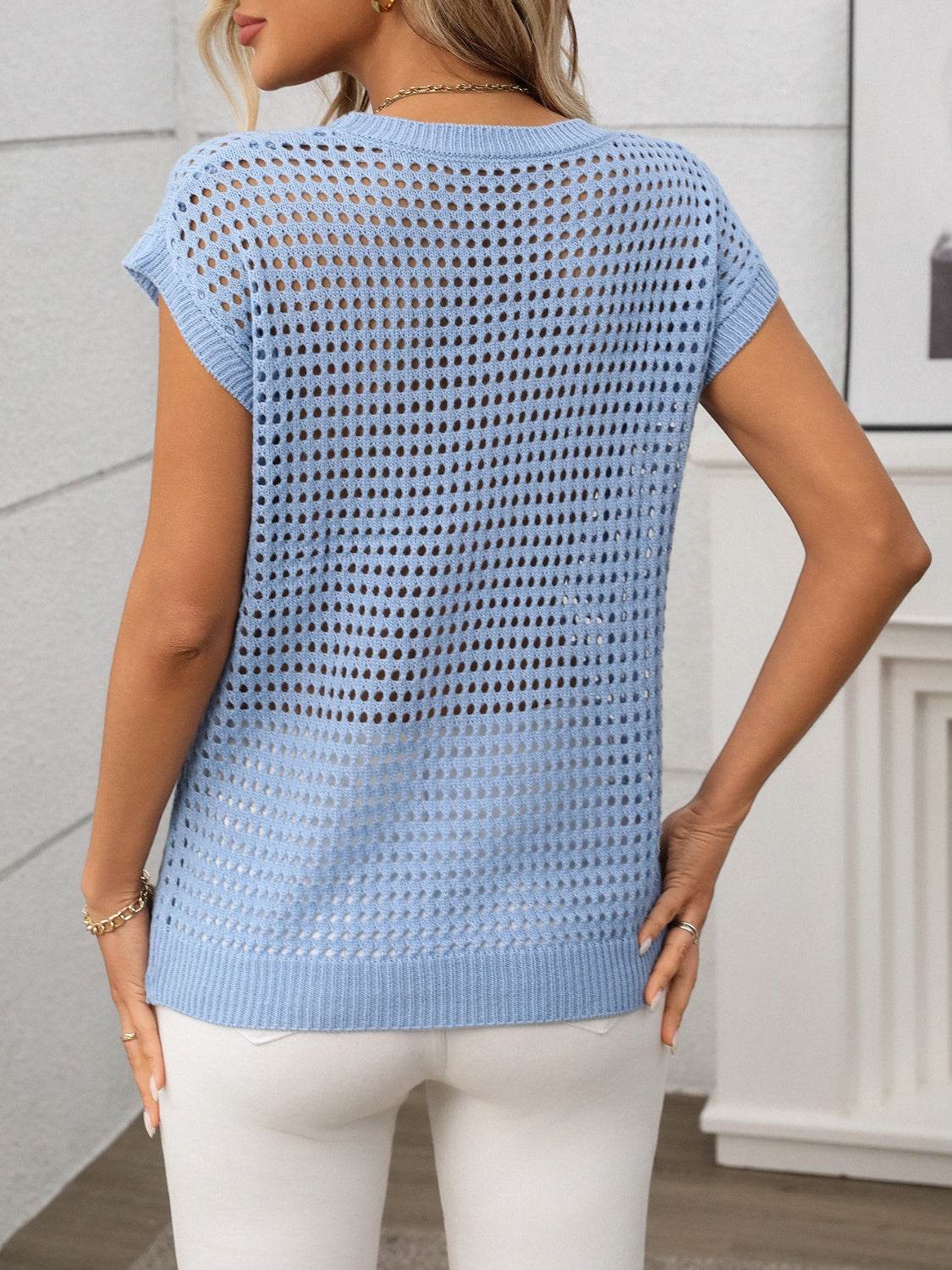 Openwork Round Neck Short Sleeve Knit Cover Up - 7 Semicolon Couture