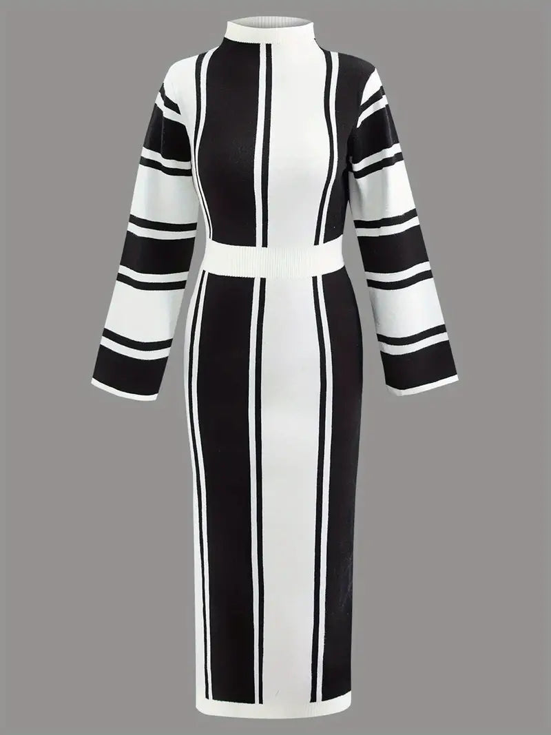 Color Block Striped Acrylic Knit Dress - Casual Crew Neck Fitted Midi Dress with Waist Cinching