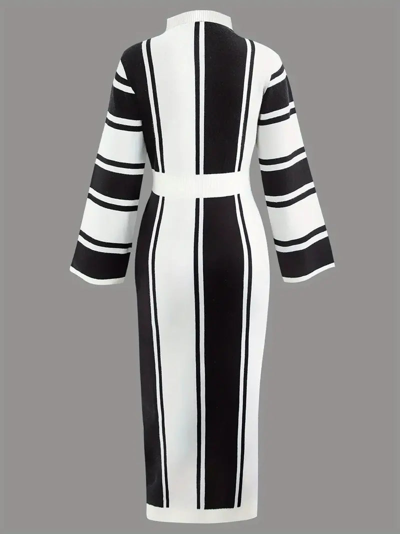 Color Block Striped Acrylic Knit Dress - Casual Crew Neck Fitted Midi Dress with Waist Cinching