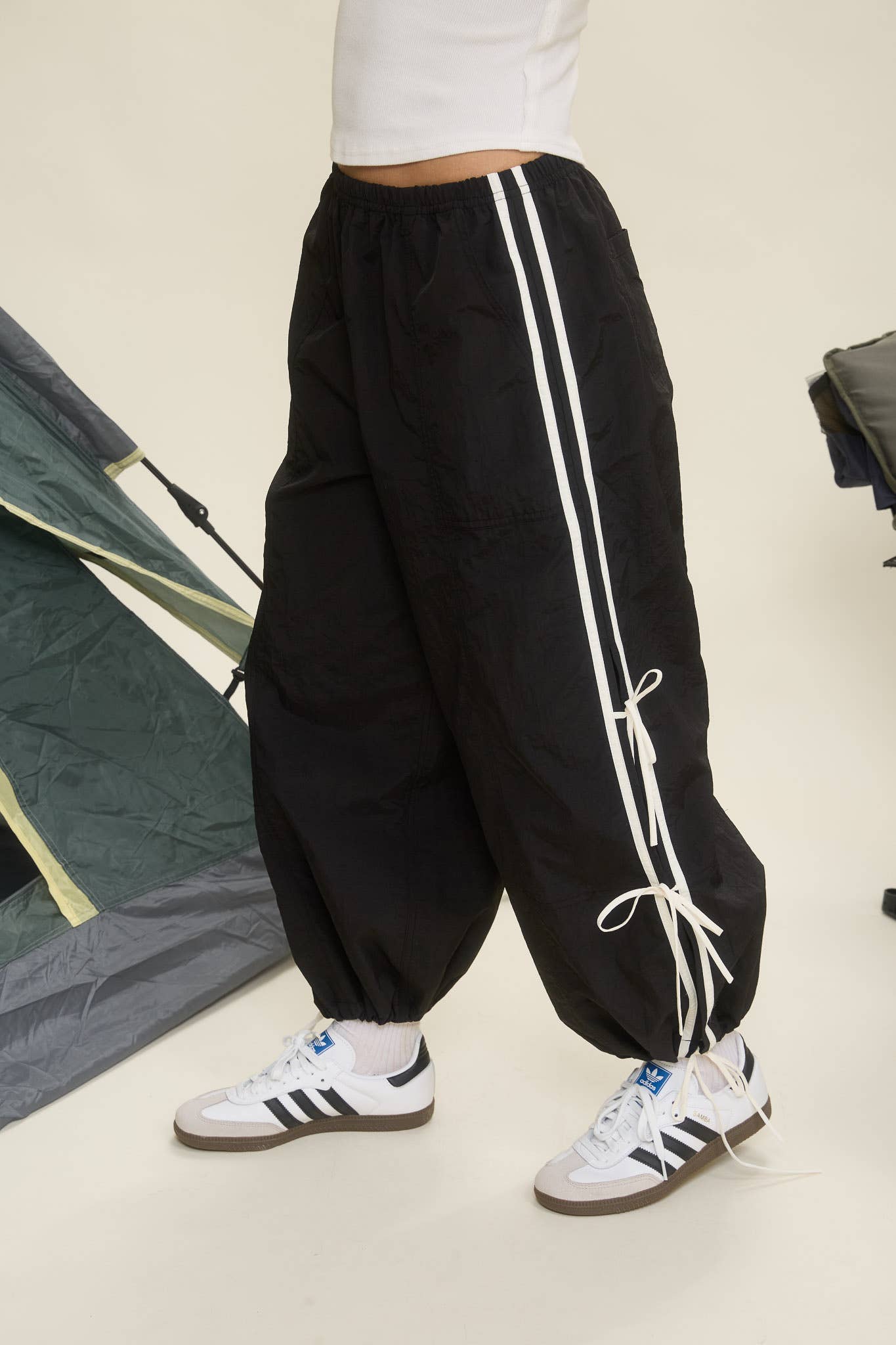 Black Side Stripe Tie Strap Track Jogger Pants