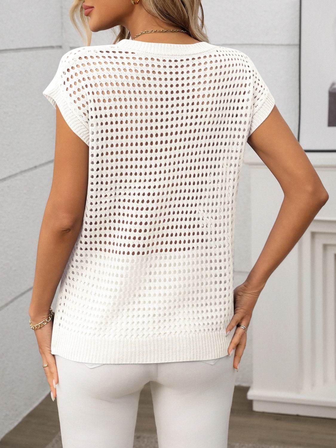 Openwork Round Neck Short Sleeve Knit Cover Up - 7 Semicolon Couture