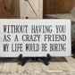 7x14- WITHOUT HAVING YOU AS A CRAZY FRIEND MY LIFE WOULD BE BORING