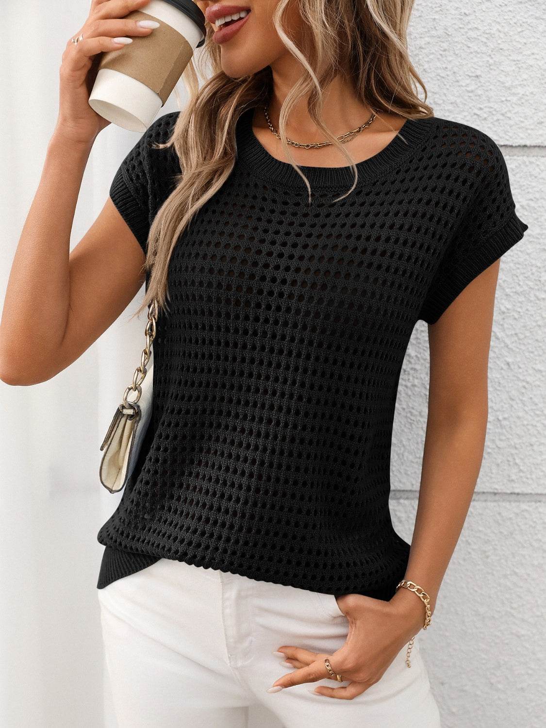 Openwork Round Neck Short Sleeve Knit Cover Up - 7 Semicolon Couture