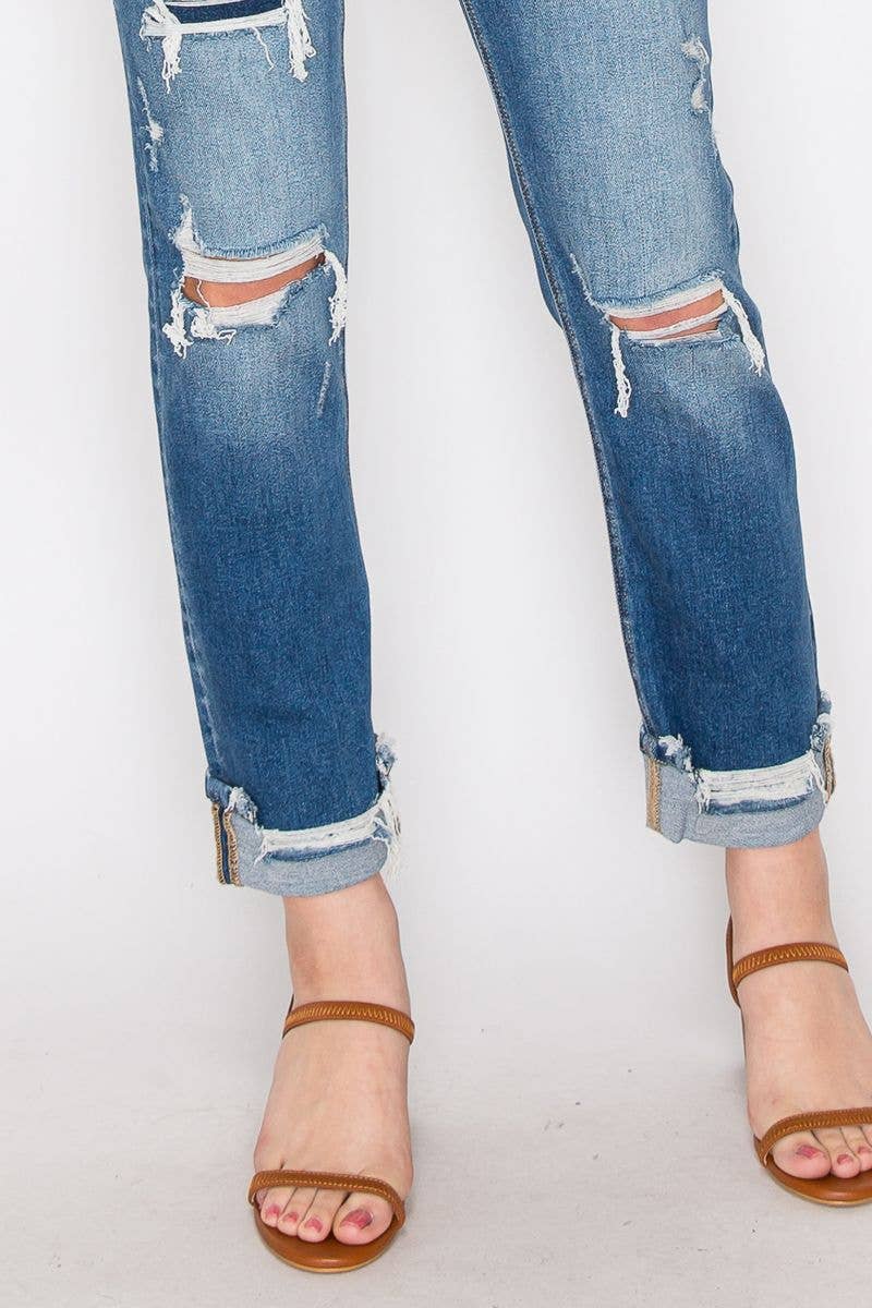 MESH TUMMY CONTROL HIGH RISE STRAIGHT W/ SINGLE CUFF JEANS